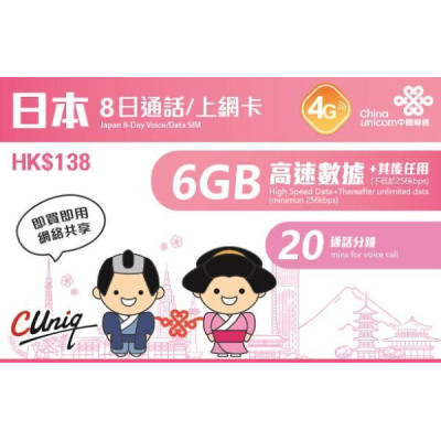 中國聯通 4G日本8日無限上網卡 數據卡+20分鐘的通話